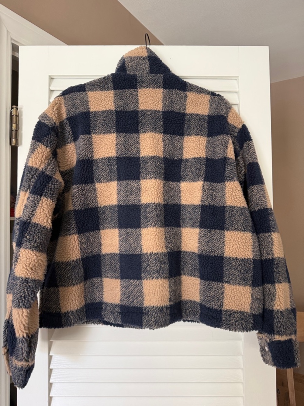 American Eagle Sherpa Plaid Zip Jacket Medium Navy Tan Buffalo Check Fleece - Picture 5 of 5
